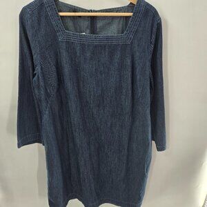 Talbots Denim Chambray Cotton Square Neck 3/4 Sleeved Midi Shift Dress 16P
